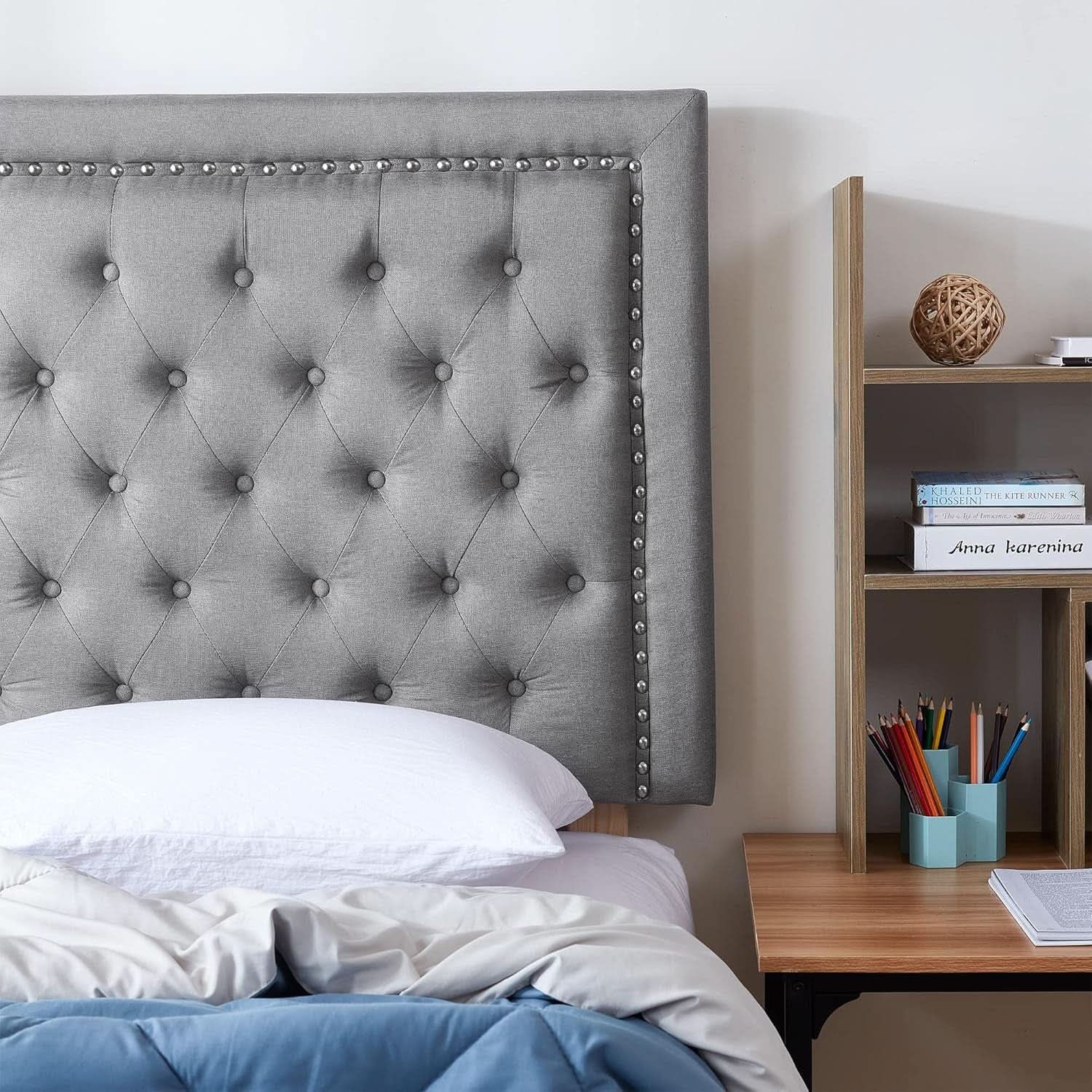 Tufted Linen Headboard with Nailhead Trim – Linen Gray
