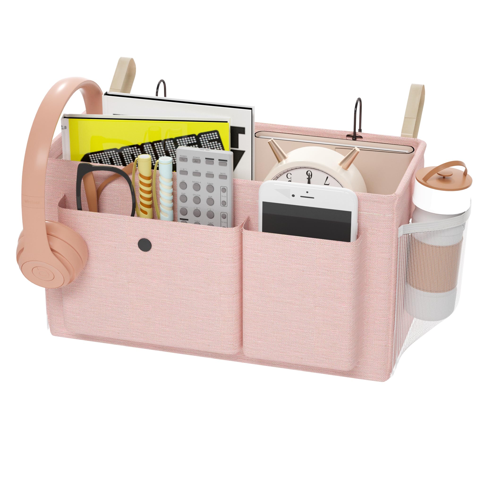 Pink Bedside Caddy with Water Bottle Holder – Dorm Bed Organizer