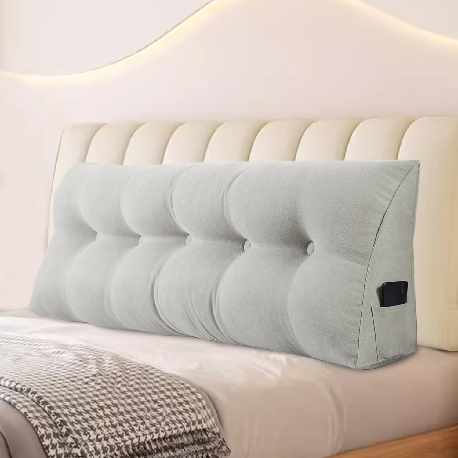 Dorm Backrest Pillow – Triangular Headboard Cushion with Side Pockets (Light Grey, 24×8×20 in)