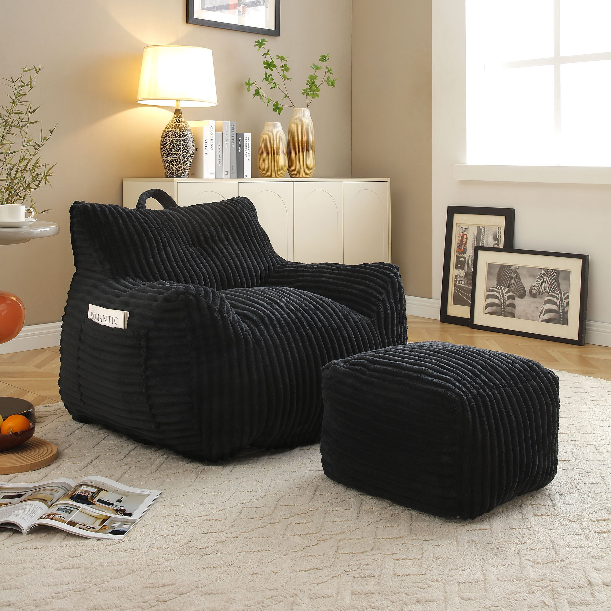 Giant Bean Bag Chair with Armrests & Footstool