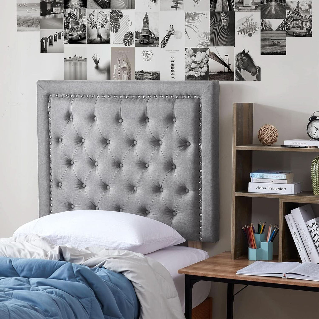 Tufted Linen Headboard with Nailhead Trim – Linen Gray