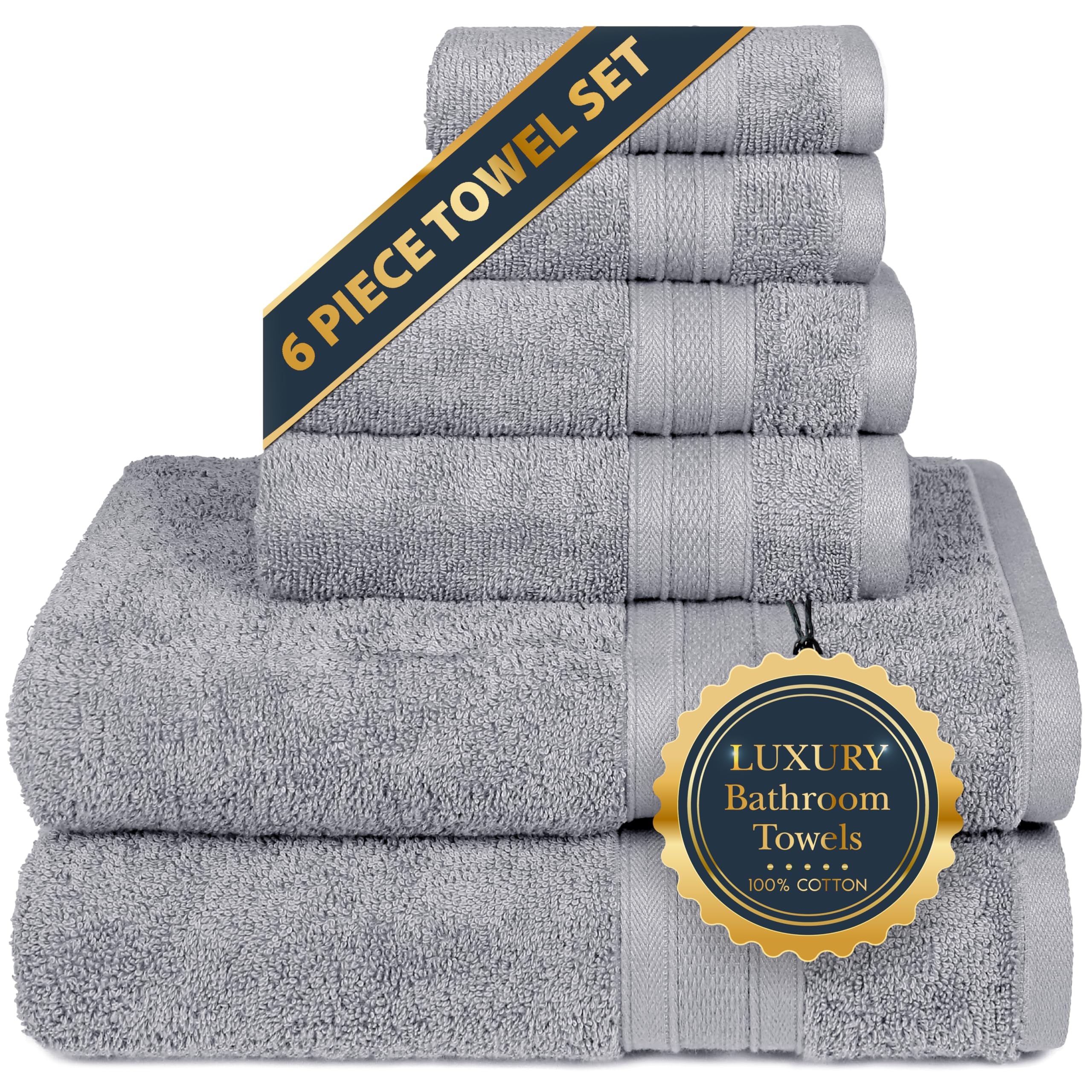 Soft Plush Luxury Towel Set for Dorm 6 Piece 100% Cotton Silverish Grey