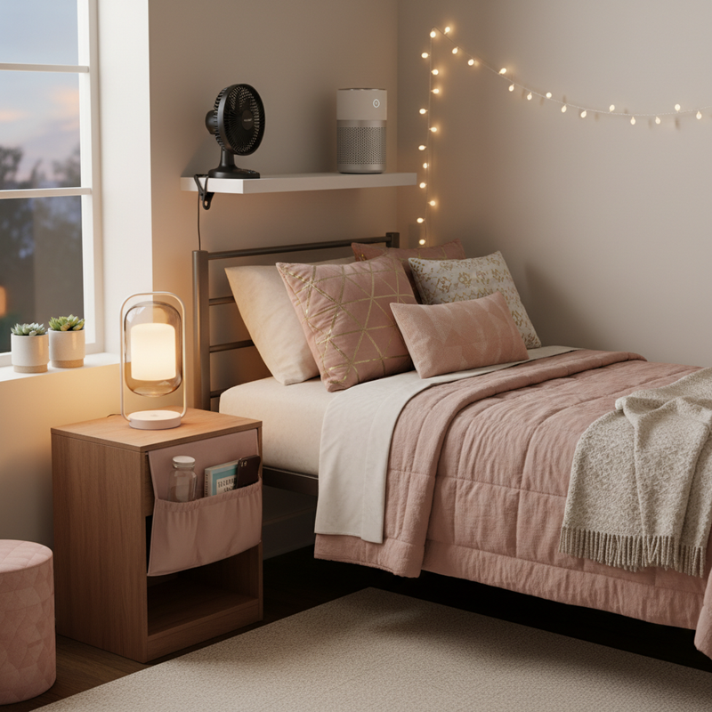 Cozy Corner – Bedside Caddy, Throw Pillows & Touch Lamp