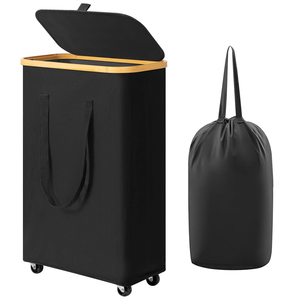 Slim Rolling Laundry Hamper for Dorm Rooms, 60L with Lid