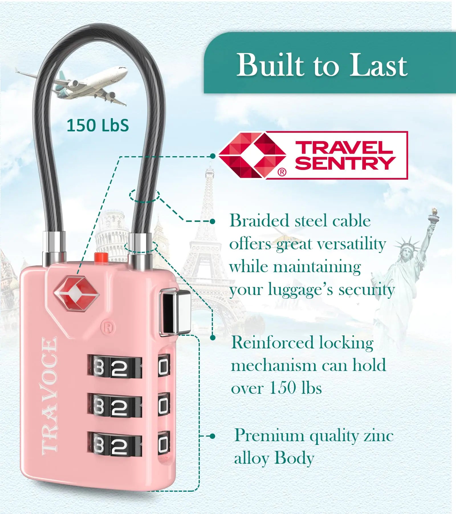 TSA Approved Cable Locks for College – Luggage, Gym Locker & Backpack (Pink 2-Pack)